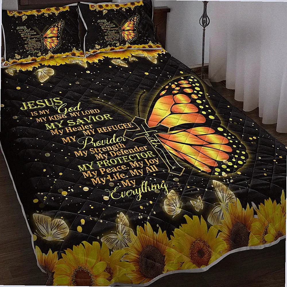 3PCS Black Quilt Set Golden Half Butterfly Alphabet Pattern Bedding Set Bedroom