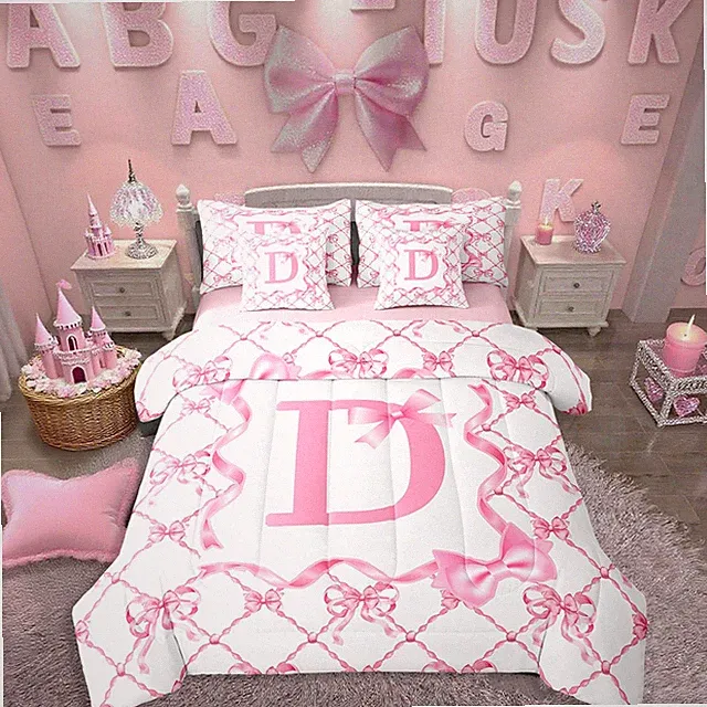 7Pcs Alphabet E Teen Girl Comforter Set with Sheets with Pink Bow Design Prep...