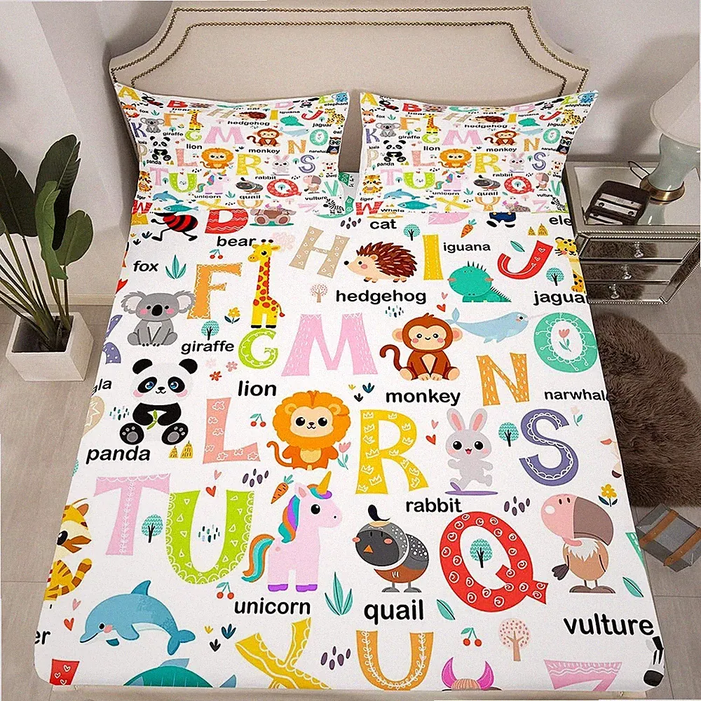 ABC Alphabet Bedding Set Twin Size for Boys Girls, Cartoon Animal Bed Sheet S...