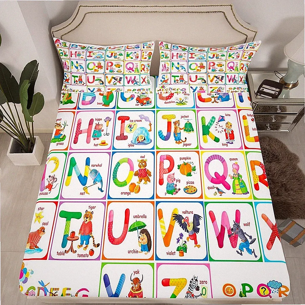 ABC Alphabet Fitted Twin, Cartoon Zoo Animal Bedding Set Educational Learning...