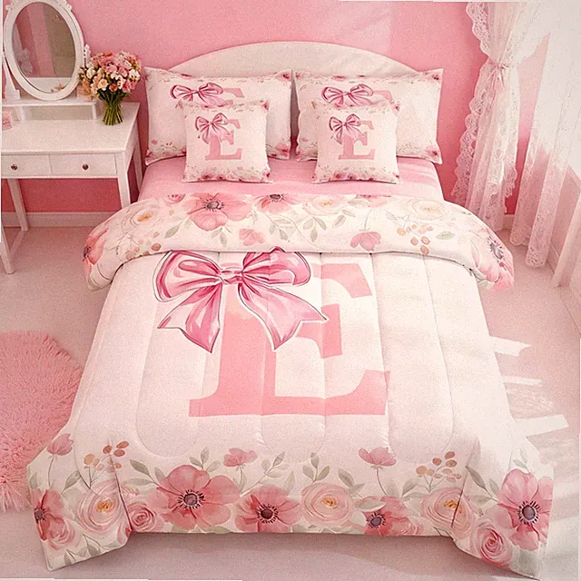 Adorable Initial E Twin Floral Bow Bedding Set - 7 Piece Comforter & Sheets