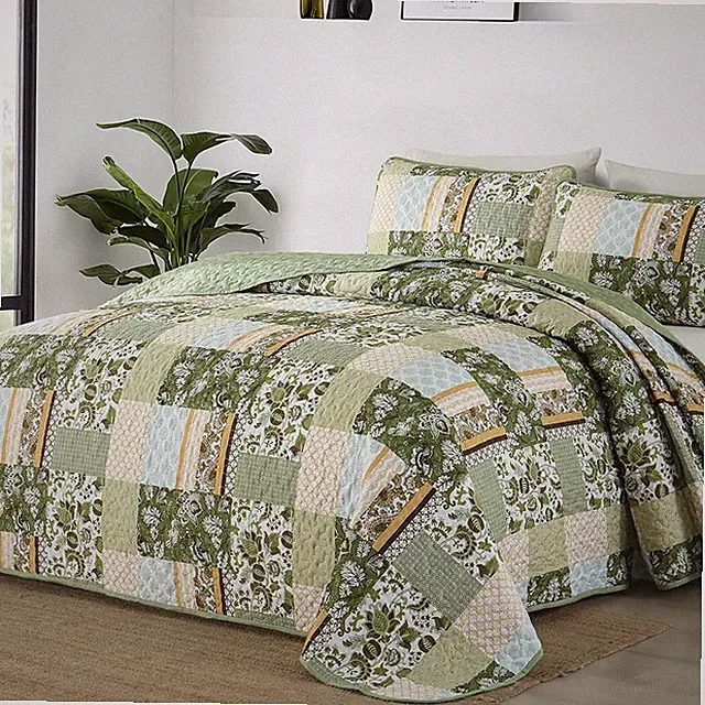 Green Quilt Set King Size,Patchwork Plaid Printed Bedspread Coverlet Set,3 Piece