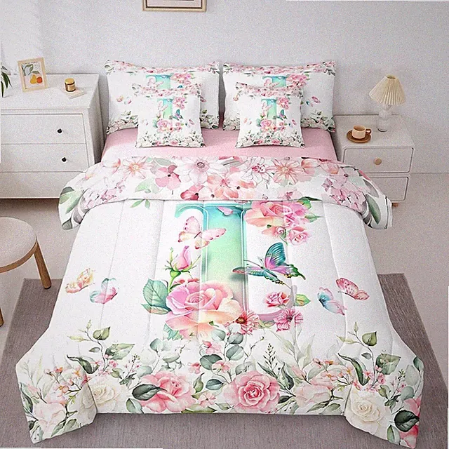 Green Watercolor Letter Bedding Set for Girls Kids Boys,Personalized Initial...