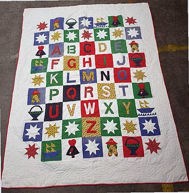 Hand Stitched Alphabet Quilt Sampler –61” x 80” – Letters, Stars & Appliqué