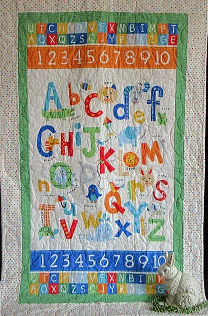 HANDMADE FLANNEL KIDS TODDLER QUILT, 32 X 51, COTTON BACKED, ALPHABET THEME NEW