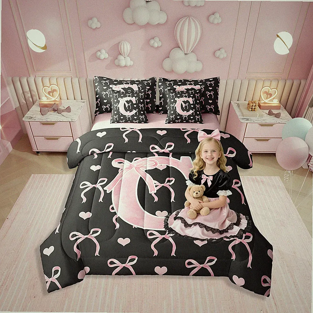 Initial Alphabet C 7 Piece Bedding Set Full Size for Girls Black Pink Letter...