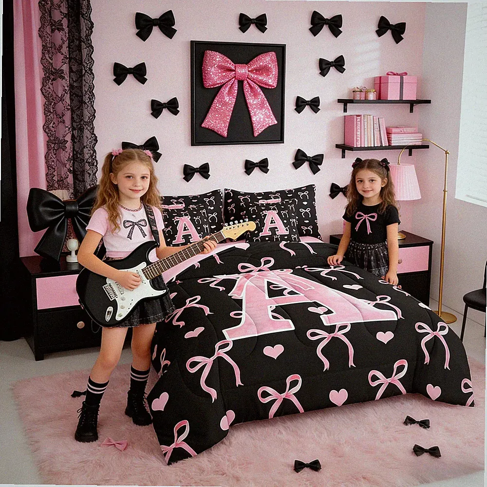 Initial Letter A Set with Sheets Full Size for Girls Black Pink Alphabet 7 Pi...