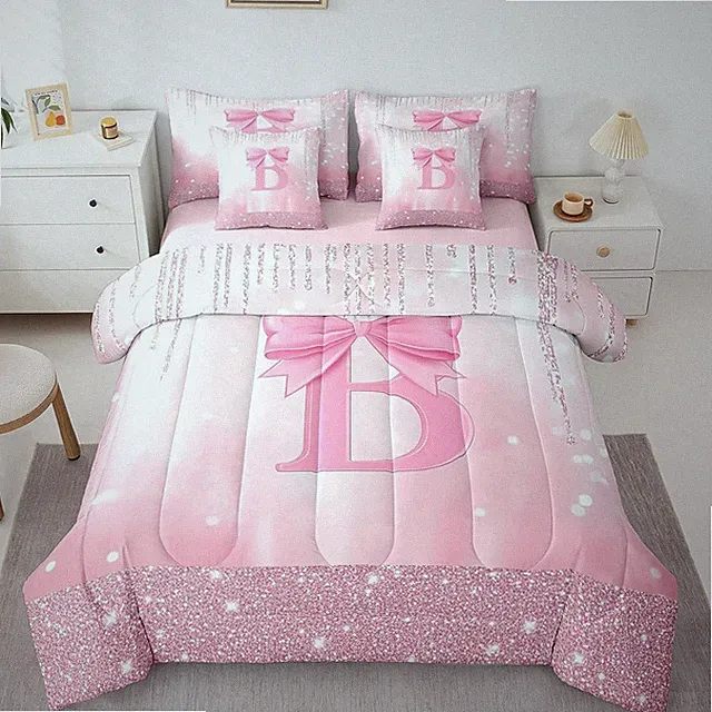 Kids Pink Bowknot 7 Pieces Bedding Set Full Size, Personalized Initial B Comfort