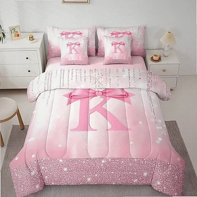Kids Pink Bowknot 7 Pieces Bedding Set Full Size, Personalized Initial K Bed...