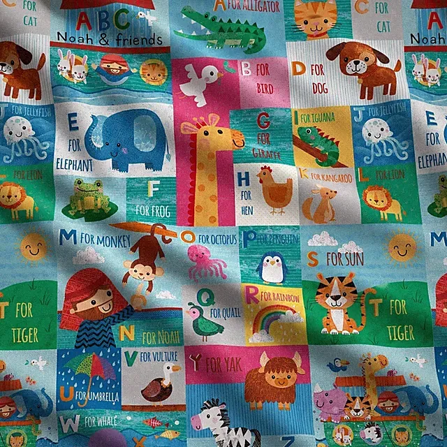 Noah & Friends Blank Quilting Alphabet Animals Cotton Fabric by the Yard