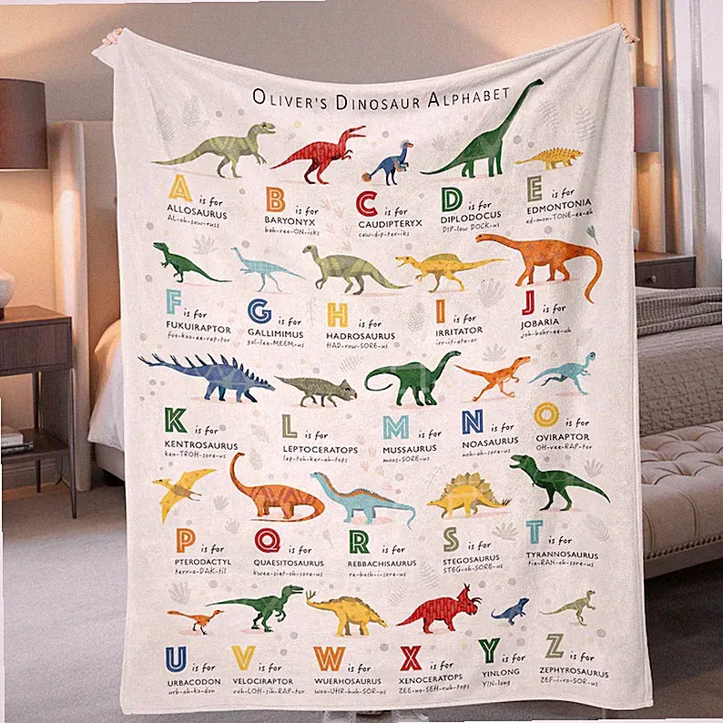Personalized Dinosaur Alphabet Blanket Kids Baby Custom Name Gift Soft Throw