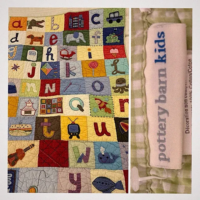 Pottery Barn Kids Patchwork ABC Baby Quilt Reverse Gingham 36"W x 48"L~2006~RARE