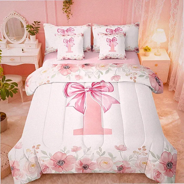 Princess Pink Bow Bedding Set for Girls - Full Size 7 Pieces