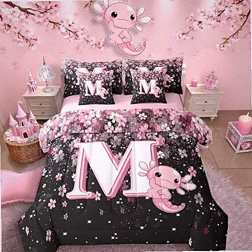 Size Pink Black Alphabet M Bed in A Bag with Cute Axolotl Design - Full Pink M