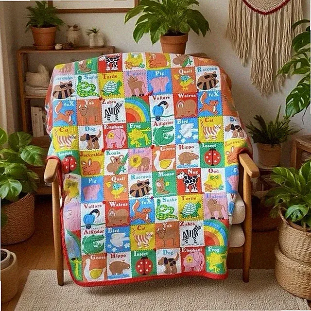 Vintage Alphabet Cottage Farmhouse Kids Patchwork Blanket