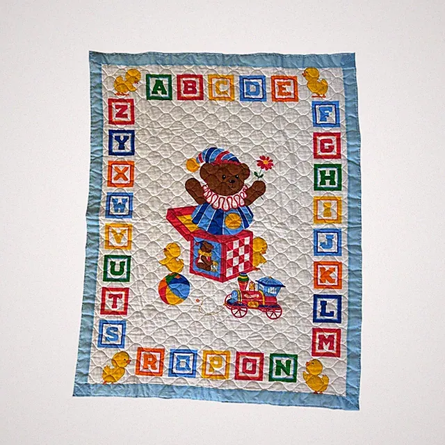 Vintage Baby Quilt Blanket Satin Trim Alphabet Teddy Bear Train Nursery 34x44