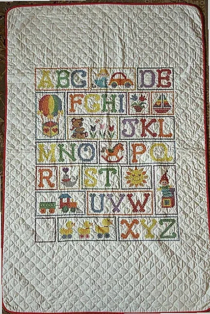 Vintage Handmade Cross Stitch Alphabet Coverlet Child's Bed Quilt Red Border