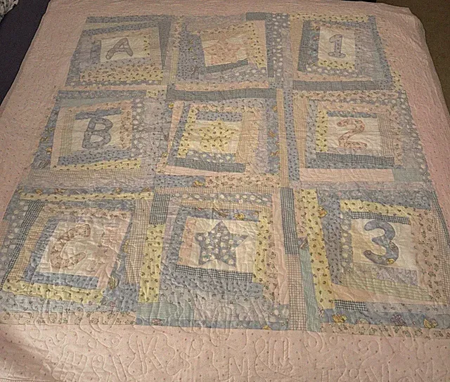 VINTAGE Handmade Embroidered Cotton Quilt Alphabet & Numbers Baby Girl 5’x5’