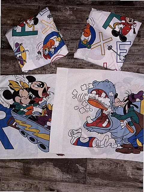 Vtg. Bed Sheets Mickey Mouse & Friends ABC Set Full Size Flat Fitted Pillowcases