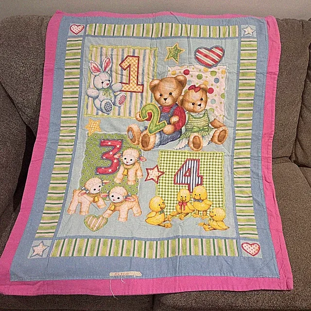 Vtg Handmade Baby Quilt Blue Jean Teddy Animals Numbers Nursery Blanket 44x36
